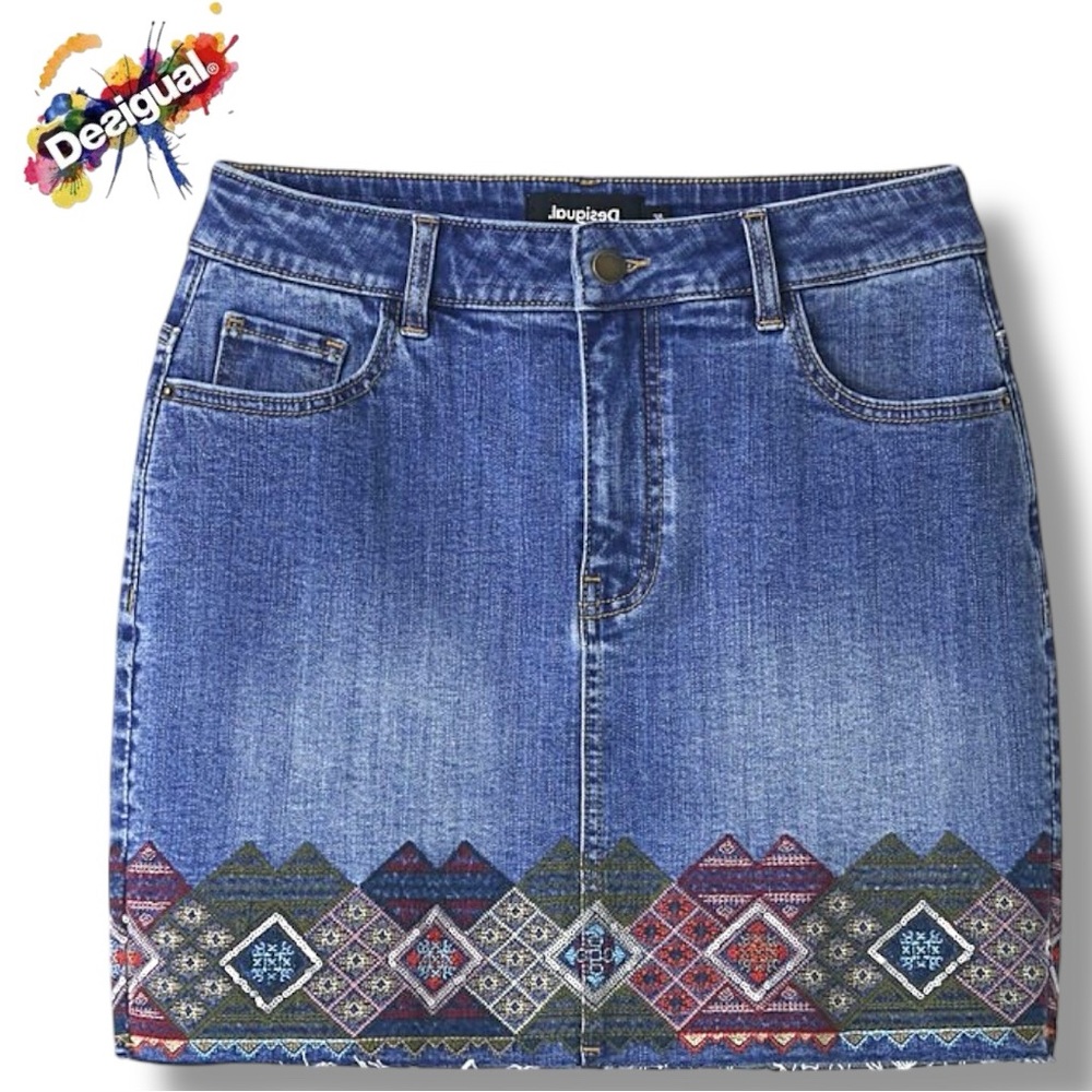 Desigual Wmn's 'Denim Miniskirt With Borders' Embroidered Sequins | Sz EU44 (16)
